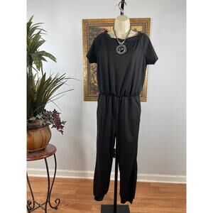 Women's Jumpsuit Medium Black Tapered-Leg Cinched Waist Short Sleeve Minimalist